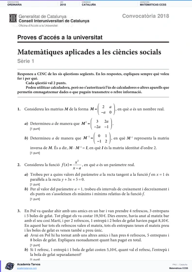 Vista previa de Examen PAU de Matemáticas CCSS de Cataluña 2018 – Ordinaria