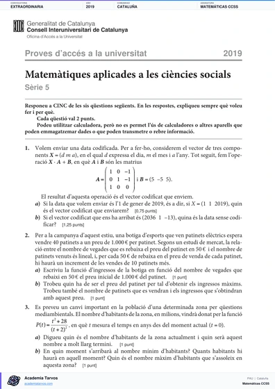 Vista previa de Examen PAU de Matemáticas CCSS de Cataluña 2019 – Extraordinaria
