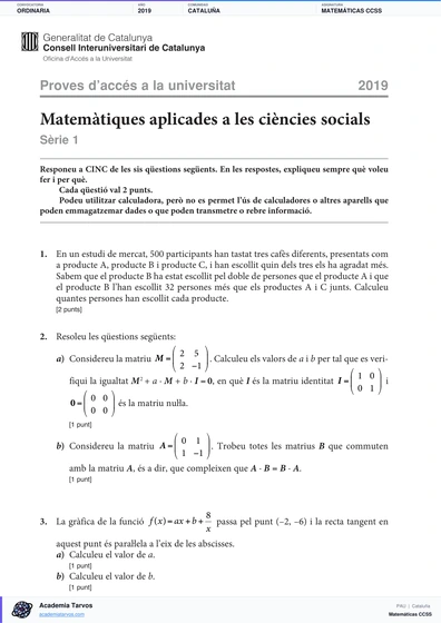 Vista previa de Examen PAU de Matemáticas CCSS de Cataluña 2019 – Ordinaria