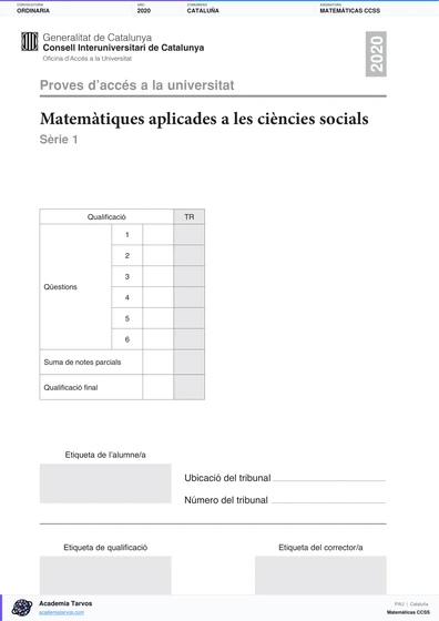 Vista previa de Examen PAU de Matemáticas CCSS de Cataluña 2020 – Ordinaria