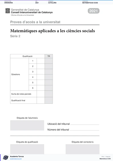 Vista previa de Examen PAU de Matemáticas CCSS de Cataluña 2021 – Ordinaria