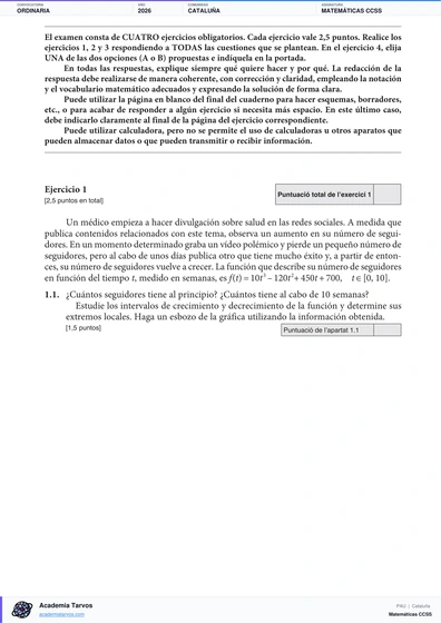 Vista previa de Examen PAU de Matemáticas CCSS de Cataluña 2026 – Ordinaria