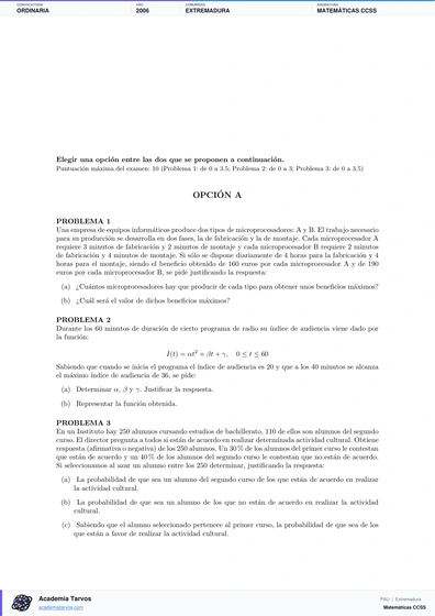 Vista previa de Examen PAU de Matemáticas CCSS de Extremadura 2006 – Ordinaria