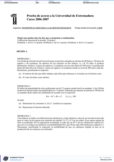 Vista previa de Examen PAU de Matemáticas CCSS de Extremadura 2007 – Extraordinaria