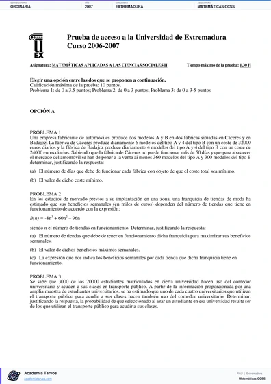 Vista previa de Examen PAU de Matemáticas CCSS de Extremadura 2007 – Ordinaria
