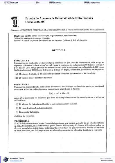Vista previa de Examen PAU de Matemáticas CCSS de Extremadura 2008 – Extraordinaria