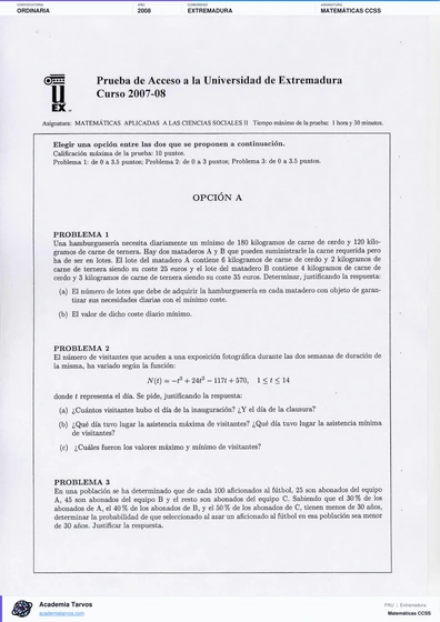 Vista previa de Examen PAU de Matemáticas CCSS de Extremadura 2008 – Ordinaria