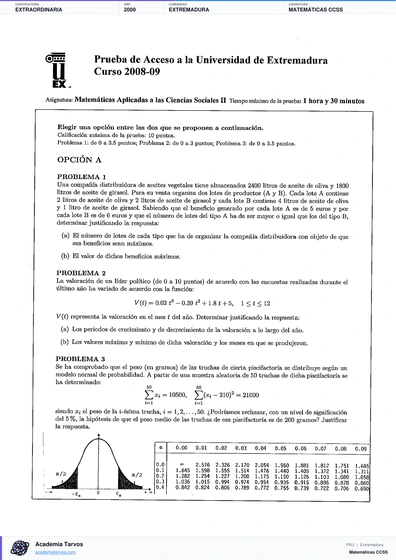 Vista previa de Examen PAU de Matemáticas CCSS de Extremadura 2009 – Extraordinaria
