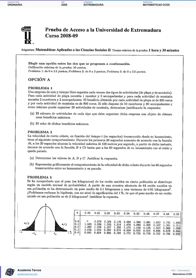 Vista previa de Examen PAU de Matemáticas CCSS de Extremadura 2009 – Ordinaria