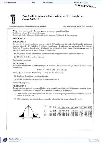 Vista previa de Examen PAU de Matemáticas CCSS de Extremadura 2010 – Extraordinaria