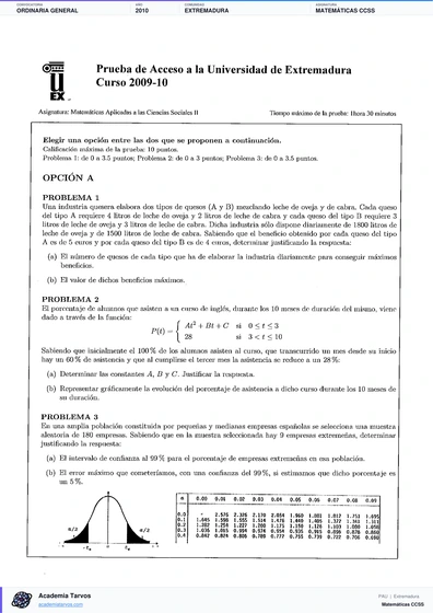 Vista previa de Examen PAU de Matemáticas CCSS de Extremadura 2010 – Ordinaria General