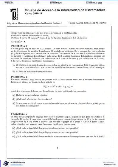 Vista previa de Examen PAU de Matemáticas CCSS de Extremadura 2011 – Ordinaria