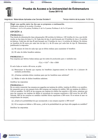 Vista previa de Examen PAU de Matemáticas CCSS de Extremadura 2012 – Ordinaria