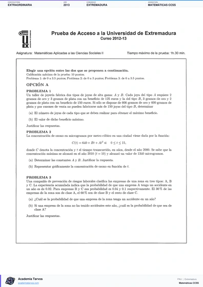 Vista previa de Examen PAU de Matemáticas CCSS de Extremadura 2013 – Extraordinaria