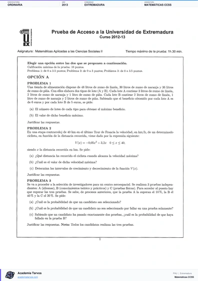 Vista previa de Examen PAU de Matemáticas CCSS de Extremadura 2013 – Ordinaria