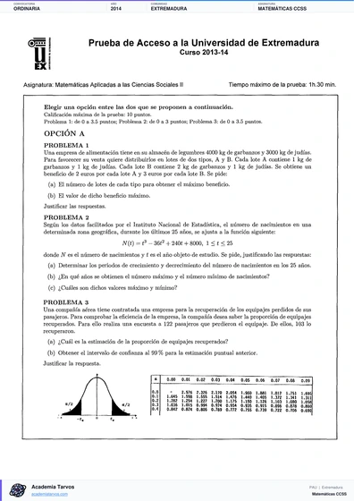 Vista previa de Examen PAU de Matemáticas CCSS de Extremadura 2014 – Ordinaria