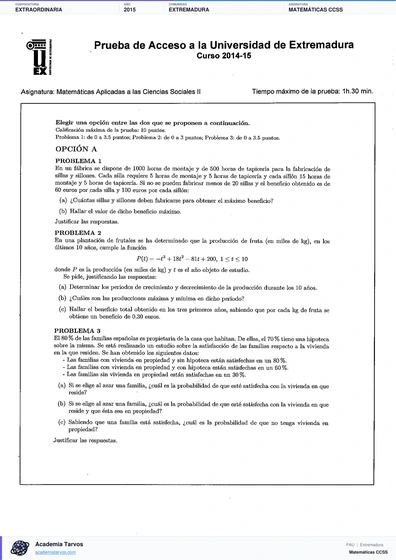 Vista previa de Examen PAU de Matemáticas CCSS de Extremadura 2015 – Extraordinaria