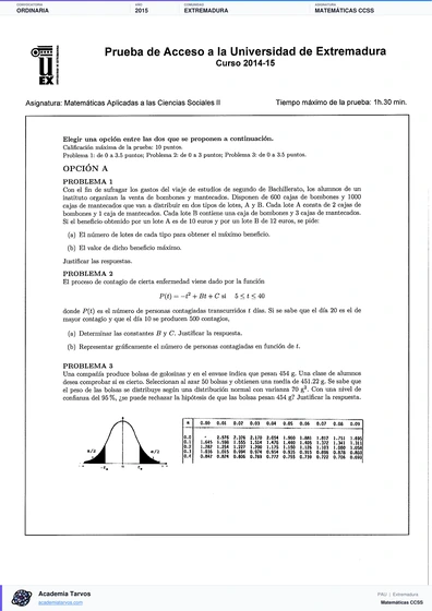 Vista previa de Examen PAU de Matemáticas CCSS de Extremadura 2015 – Ordinaria