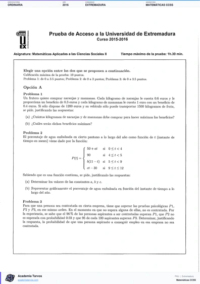 Vista previa de Examen PAU de Matemáticas CCSS de Extremadura 2016 – Ordinaria