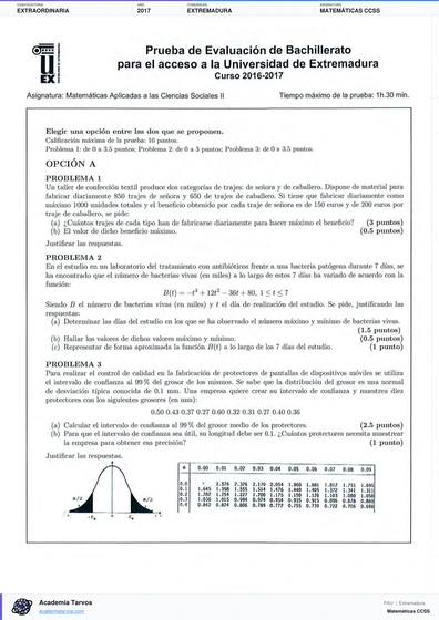 Vista previa de Examen PAU de Matemáticas CCSS de Extremadura 2017 – Extraordinaria