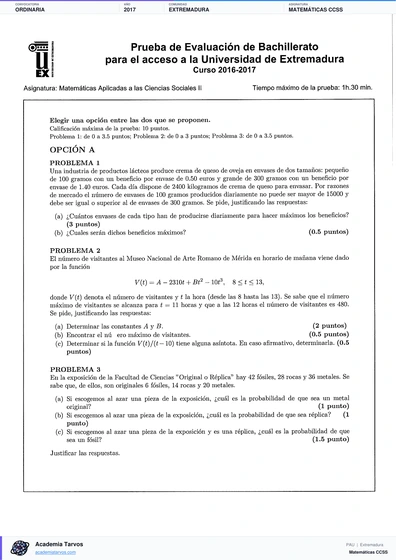 Vista previa de Examen PAU de Matemáticas CCSS de Extremadura 2017 – Ordinaria
