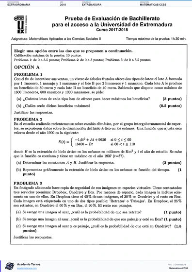 Vista previa de Examen PAU de Matemáticas CCSS de Extremadura 2018 – Extraordinaria