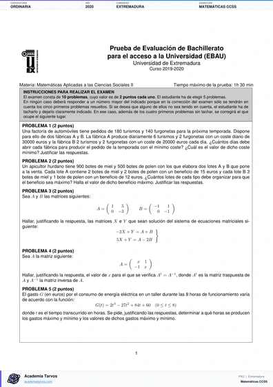 Vista previa de Examen PAU de Matemáticas CCSS de Extremadura 2020 – Ordinaria