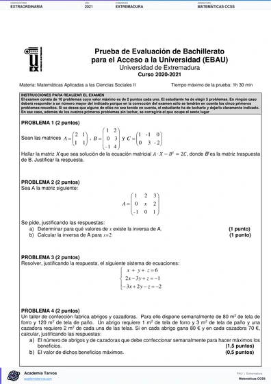 Vista previa de Examen PAU de Matemáticas CCSS de Extremadura 2021 – Extraordinaria
