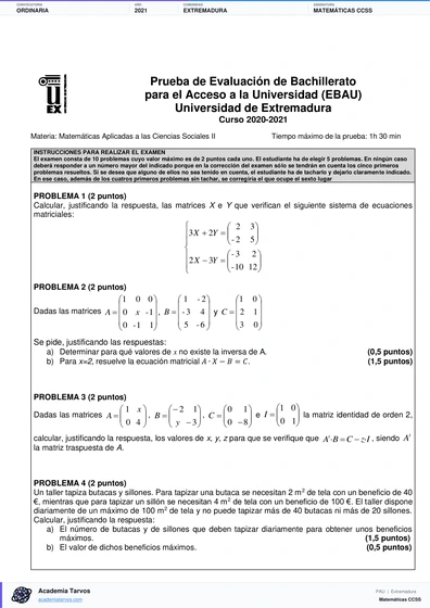Vista previa de Examen PAU de Matemáticas CCSS de Extremadura 2021 – Ordinaria
