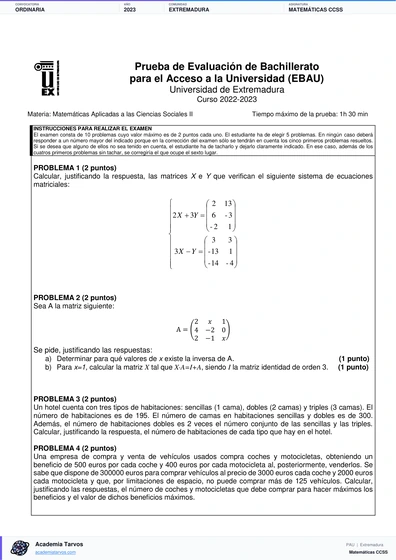Vista previa de Examen PAU de Matemáticas CCSS de Extremadura 2023 – Ordinaria