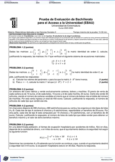Vista previa de Examen PAU de Matemáticas CCSS de Extremadura 2024 – Extraordinaria