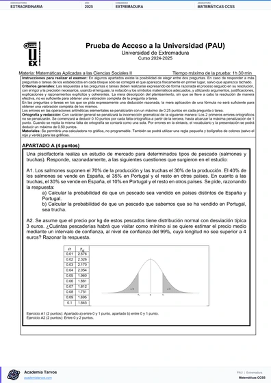 Vista previa de Examen PAU de Matemáticas CCSS de Extremadura 2025 – Extraordinaria