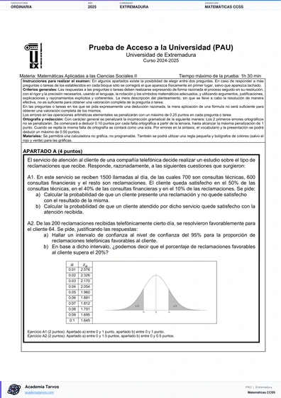 Vista previa de Examen PAU de Matemáticas CCSS de Extremadura 2025 – Ordinaria