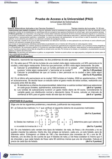 Vista previa de Examen PAU de Matemáticas CCSS de Extremadura 2026 – Extraordinaria