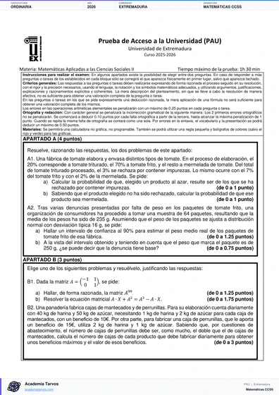 Vista previa de Examen PAU de Matemáticas CCSS de Extremadura 2026 – Ordinaria