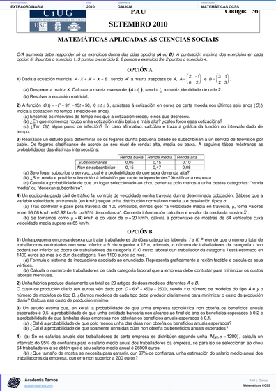 Vista previa de Examen PAU de Matemáticas CCSS de Galicia 2010 – Extraordinaria