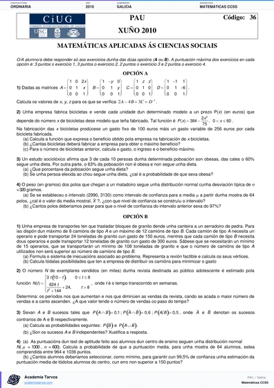 Vista previa de Examen PAU de Matemáticas CCSS de Galicia 2010 – Ordinaria