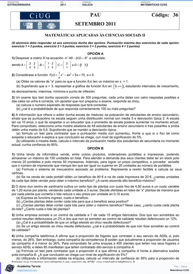 Vista previa de Examen PAU de Matemáticas CCSS de Galicia 2011 – Extraordinaria