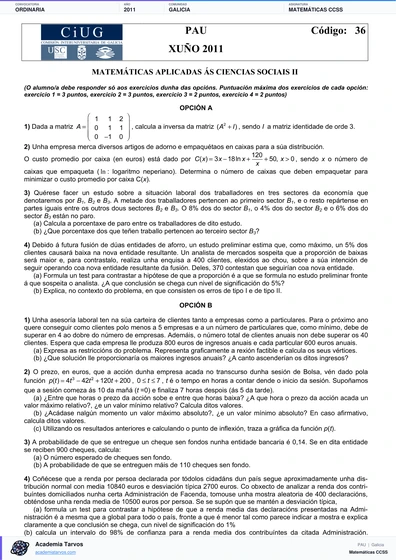 Vista previa de Examen PAU de Matemáticas CCSS de Galicia 2011 – Ordinaria