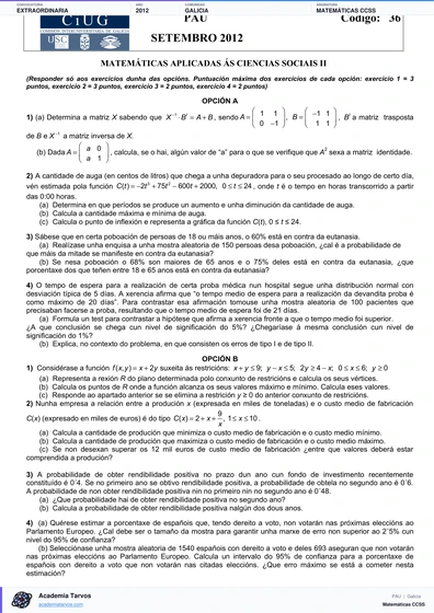Vista previa de Examen PAU de Matemáticas CCSS de Galicia 2012 – Extraordinaria