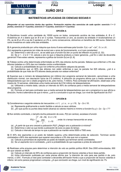 Vista previa de Examen PAU de Matemáticas CCSS de Galicia 2012 – Ordinaria