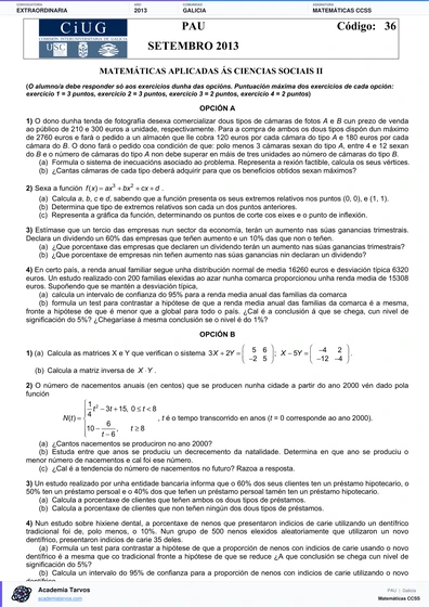 Vista previa de Examen PAU de Matemáticas CCSS de Galicia 2013 – Extraordinaria