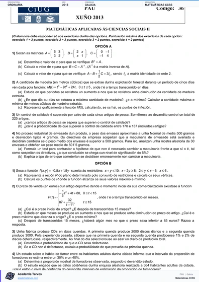 Vista previa de Examen PAU de Matemáticas CCSS de Galicia 2013 – Ordinaria