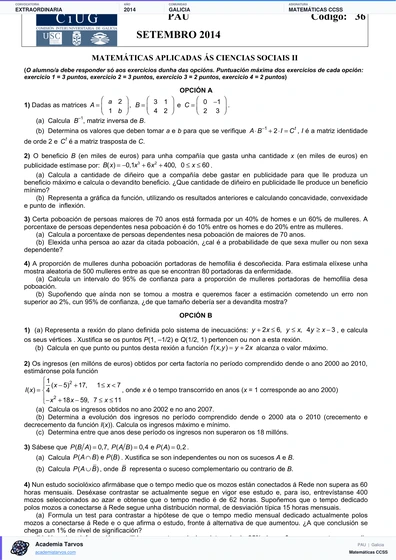 Vista previa de Examen PAU de Matemáticas CCSS de Galicia 2014 – Extraordinaria