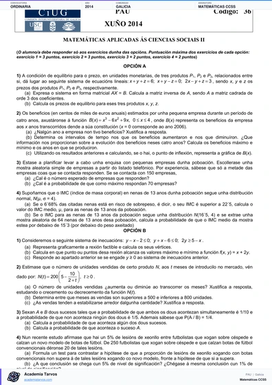 Vista previa de Examen PAU de Matemáticas CCSS de Galicia 2014 – Ordinaria