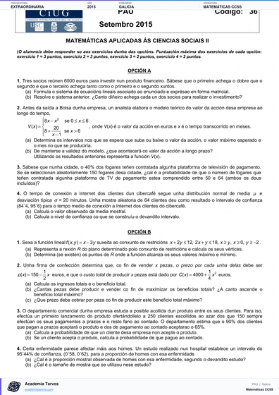 Vista previa de Examen PAU de Matemáticas CCSS de Galicia 2015 – Extraordinaria