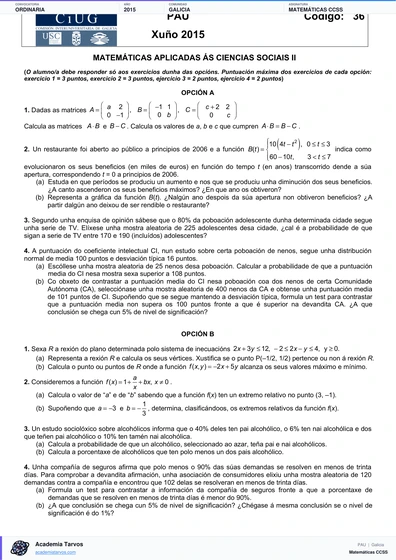 Vista previa de Examen PAU de Matemáticas CCSS de Galicia 2015 – Ordinaria