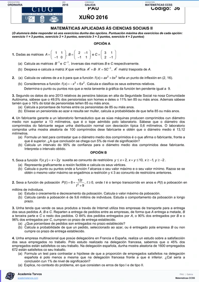 Vista previa de Examen PAU de Matemáticas CCSS de Galicia 2016 – Ordinaria