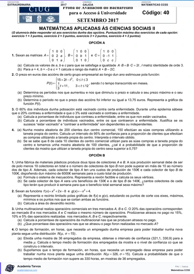 Vista previa de Examen PAU de Matemáticas CCSS de Galicia 2017 – Extraordinaria