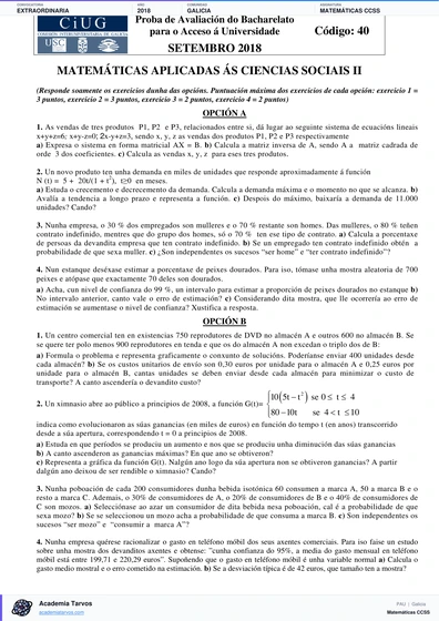 Vista previa de Examen PAU de Matemáticas CCSS de Galicia 2018 – Extraordinaria